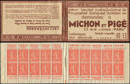 CARNETS (N°Cérès Jusqu'en1964) - 96   Semeuse Lignée, 50c. Rouge, N°199B, T IIB, S. 174-PARIS, MICHON Et PIGE, 2 Plis De - Sonstige & Ohne Zuordnung