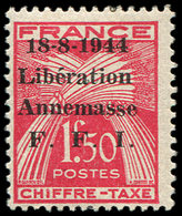 * TIMBRES DE LIBERATION - ANNEMASSE 16 : Taxe 1f50 Rouge, TB, Signé Mayer - Libération