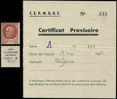 (*) TIMBRES DE LIBERATION - CLERMONT FERRAND 1 : 1f50 Brun-rouge + Certificat Provisoire, TB - Libération