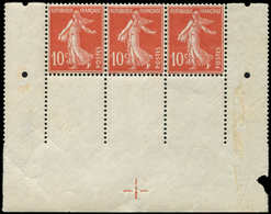 * VARIETES - 138fa Semeuse Camée, 10c. Rouge, T II, BANDE De 3 Papier X Avec Grand Bas De Feuille, Un Ex. **, TB - Neufs