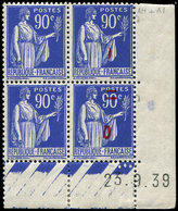 ** VARIETES - 482b  Paix, 50 S. 90c. Outremer, BLOC De 4 CD 23/9/39, 2 Ex. SANS Surcharge, 1 Ex. Surcharge PRESQUE ABSEN - Ungebraucht