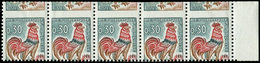 ** VARIETES - 1331A  Coq De Decaris, 0,30 Vert, Rouge Et Bistre, BANDE De 5, PIQUAGE à CHEVAL, TB - Neufs