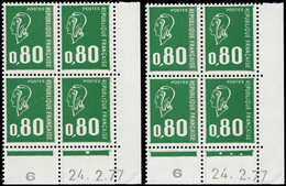 ** VARIETES - 1891d  Béquet, 0,80 Vert Typo, SANS PHOSPHO, 4 Ex. Dans 2 BLOCS De 4 CD 24/2/77 En PAIRES De Galvano, RR,  - Ungebraucht