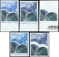 ** VARIETES - 4144   Globes De Coronelli, 4 Ex. NON DENTELES Dont Globes TRES DECALES, Impression PARTIELLE, BLEU-GRIS E - Neufs