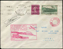 Let Air Bleu - N°190 Et 339 Obl. GRENOBLE 7/7/37 Sur Env., Cachet 1er Transport Aérien Sans Surtaxe, Signature Du Pilote - Erst- U. Sonderflugbriefe