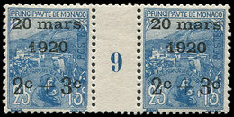 ** MONACO 35 : 2c. + 3c. Sur 25c. + 15c. Bleu, PAIRE Mill.9, TTB - ...-1885 Préphilatélie