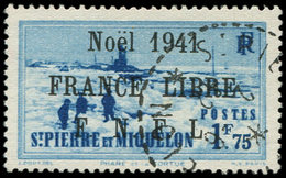 SAINT PIERRE ET MIQUELON 225B : 1f25 Bleu Clair, FRANCE LIBRE, Surch. Noire, Obl., TB - Gebraucht