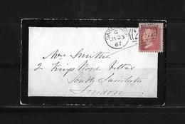 1867 Great Britain → 1d Red Plate 108 On Darlington, Northumberland Mourning Cover - Brieven En Documenten