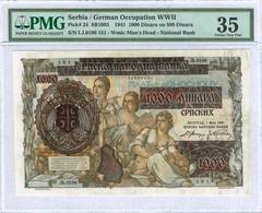 SERBIA 1000 On 500 Dinara 1941 PMG 35 CVF P-24 "free Shipping Via Registered Air Mail" - Serbia