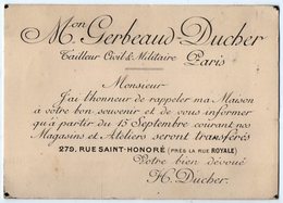 VP13.464 - CDV - Carte De Visite - Maison GERBEAUD - DUCHER Tailleur Civil & Militaire à PARIS Rue Saint - Honoré - Visiting Cards