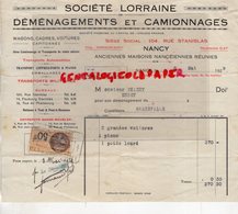 54- NANCY- RARE FACTURE SOCIETE LORRAINE DEMENAGEMENTS ET CAMIONNAGES-104 RUE STANISLAS- 1929 - Transport