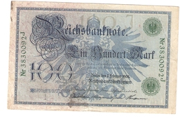 T. Germany German Empire 100 Mark 1908 Reichsbanknote Green Seal & Ser. 3830092 J - 100 Mark