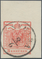 Österreich: 1850/1854, 3 Kr Rot, Maschinenpapier Type IIIa, Rechtes Oberes Eckrandstück (7 : 13,5 Mm - Other & Unclassified