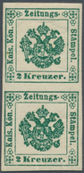 Österreich - Zeitungsstempelmarken: 1853, 2 Kreuzer Tiefgrün, Type I B, Senkrechtes Paar, Allseits B - Zeitungsmarken