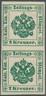 Österreich - Zeitungsstempelmarken: 1853, 2 Kreuzer Tiefgrün, Type I B, Senkrechtes Paar, Allseits B - Journaux