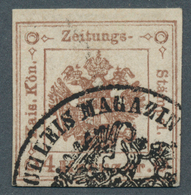 Österreich - Zeitungsstempelmarken: 1858, 4 Kreuzer Dunkelbraun, Type I, Dreiseits Vollrandig, Oben - Newspapers