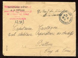 Enveloppe En Franchise Du Ministère De La Guerre Le 14/12/44 Pour Billom - N283 - Guerre De 1939-45