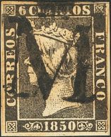 º1. 1850. 6 Cuartos Negro (I-5). Matasello "M" Coronada, En Negro De Madrid. MAGNIFICO Y RARO. - Altri & Non Classificati