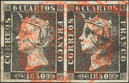 º1(2). 1850. 6 Cuartos Negro, Pareja (I-4, I-5). Matasello "A", En Negro De Burgos (además Como Es Habitual Inutilizado  - Other & Unclassified