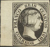 (*)6. 1851. 6 Cuartos Negro, Borde De Hoja. MAGNIFICO Y ESPECTACULAR. Cert. GRAUS. - Other & Unclassified