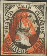 º6. 1851. 6 Cuartos Negro. Matasello Prefilatélico "A", En Rojo De Almería. MAGNIFICA Y RARA. Cert. COMEX. - Andere & Zonder Classificatie