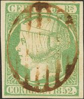 º15. 1852. 5 Reales Verde. Matasello PARRILLA, En Tinta De Escribir. MAGNIFICO. Cert. COMEX. - Otros & Sin Clasificación