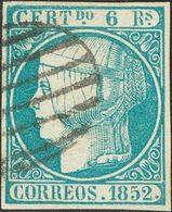 º16. 1852. 6 Reales Azul Verdoso. PIEZA DE LUJO. Cert. CEM. - Sonstige & Ohne Zuordnung