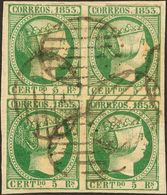 Fragmento 20(4). 1853. 5 Reales Verde, Bloque De Cuatro, Sobre Fragmento. Margen Superior Justo. BONITO. - Andere & Zonder Classificatie