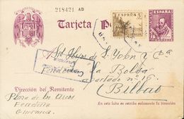 Sobre EP82. 1939. 15 Cts Violeta Sobre Tarjeta Entero Postal De GUERNICA A BILBAO, Con Franqueo Complementario De 5 Cts. - Andere & Zonder Classificatie