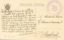 Sobre . 1938. Tarjeta Postal Del S.R.I. (Angel Pestaña) Dirigida Desde "el Frente" A MADRID. Marca De Franquicia 205 BRI - Autres & Non Classés