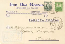 Sobre 682, 683. 1937. 10 Cts Verde Y 15 Cts Verde Gris. Tarjeta Postal De ALMANSA (ALBACETE) A BARCELONA. En El Frente M - Otros & Sin Clasificación