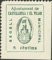 (*). 1937. 5 Cts Verde. CASTELLBELL I EL VILAR (BARCELONA). SEGELL MUNICIPAL. MAGNIFICO Y RARISIMO, NO RESEÑADO. - Otros & Sin Clasificación