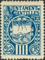 *. 1937. 25 Cts Azul. CENTELLES (BARCELONA). MAGNIFICO Y RARO, NO RESEÑADO. - Otros & Sin Clasificación