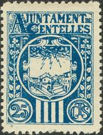 *. 1937. 25 Cts Azul. CENTELLES (BARCELONA). MAGNIFICO Y RARO, NO RESEÑADO. - Other & Unclassified