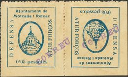 1937. 5 Cts Azul, Pareja CAPICUA, UN SELLO SOBRECARGA INVERTIDA (conservación Habitual). MONTCADA Y REIXAC (BARCELONA).  - Altri & Non Classificati