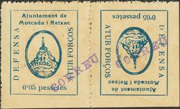 1937. 5 Cts Azul, Pareja CAPICUA, UN SELLO SOBRECARGA INVERTIDA (conservación Habitual). MONTCADA Y REIXAC (BARCELONA).  - Sonstige & Ohne Zuordnung