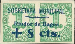 *. 1937. + 8 Cts Sobre 1 Cts Verde. RIUDOR DE BAGES (BARCELONA). MAGNIFICO Y RARO. (Fesofi 1 Y Allepuz 1) - Altri & Non Classificati