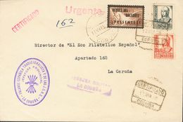 Sobre 21. 1938. 20 Cts Castaño, 15 Cts Pizarra Y 30 Cts Rosa. Certificado Interior De LA CORUÑA. MAGNIFICA. - Otros & Sin Clasificación