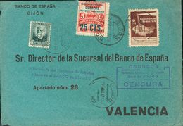 Sobre 8, 1. 1937. 25 Cts Sobre 5 Cts Rojo, 5 Cts Castaño Violeta Y 15 Cts Verde. GIJON A VALENCIA. En El Frente Marca CO - Other & Unclassified