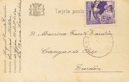 Sobre 2. 1937. 5 Cts Violeta. Tarjeta Postal De Campaña De LAS CALDAS A ZARDON. MAGNIFICA. - Autres & Non Classés