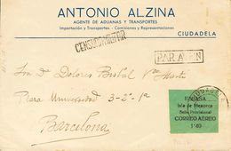 Sobre 2. 1939. 1'40 Pts Verde. CIUDADELA A BARCELONA. Al Dorso Tránsito. MAGNIFICA. - Other & Unclassified