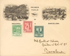 Sobre 16/18. 1929. 5 Cts Lila, 10 Cts Verde Y 15 Cts Azul Gris. Carta (no Circulada) Del 1º Vuelo De ANDORRA A BARCELONA - Autres & Non Classés