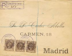 Sobre 94(3). 1900. 50 Cts Sobre 20 Ctvos Castaño, Tira De Tres. Certificado De FERNANDO POO A MADRID. Al Dorso Llegada.  - Autres & Non Classés