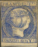 (*)3. 1854. 1 Real Azul Oscuro, Borde De Hoja Inferior (manchita De Tinta Sin Importancia Sólo Visible A La Luz Ultravio - Other & Unclassified