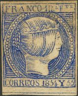 (*)3. 1854. 1 Real Azul Oscuro, Borde De Hoja Inferior (manchita De Tinta Sin Importancia Sólo Visible A La Luz Ultravio - Autres & Non Classés