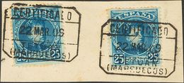 º20hx(2). 1908. 25 Cts Azul, Dos Sellos Sobre Fragmento. SOBRECARGA DE ARRIBA A ABAJO E Inutilizado Con El Matasello CER - Altri & Non Classificati