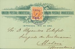 Sobre 34. 1908. 2 Cts Sobre 2 Pts Sepia. Tarjeta Postal De La Sociedad Filatélica Catalana De RIO DE ORO A MATARO. Matas - Andere & Zonder Classificatie