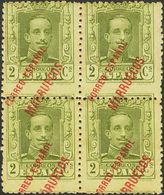 *17(4). 1923. 2 Cts Verde Oliva, Bloque De Cuatro (manchitas Del Tiempo). SOBRECARGA DESPLAZADA. BONITO. - Autres & Non Classés