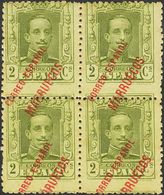 *17(4). 1923. 2 Cts Verde Oliva, Bloque De Cuatro (manchitas Del Tiempo). SOBRECARGA DESPLAZADA. BONITO. - Andere & Zonder Classificatie