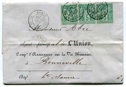 RC 10571 FRANCE 1878 SAGE 5c BANDE DE 3 OBL PARIS / PL. DE LA BOURSE SUR LETTRE TB - 1877-1920: Periodo Semi Moderno